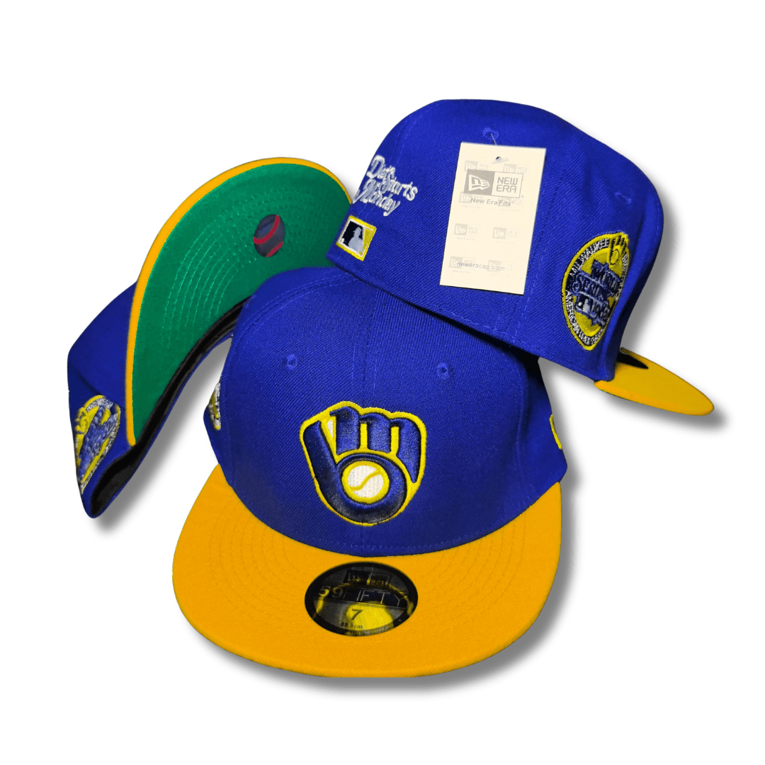 Milwaukee Brewers Royal Blue and Gold New Era 59FIFTY with Embroidered Side Patches and Green Undervisor Cap