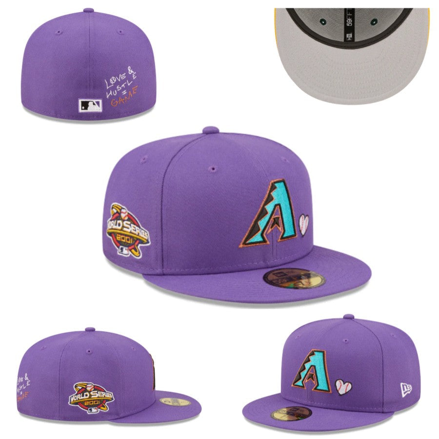 Arizona Diamondbacks 2001 World Series Fitted Hat with "Love & Hustle Game" Embroidery - Purple