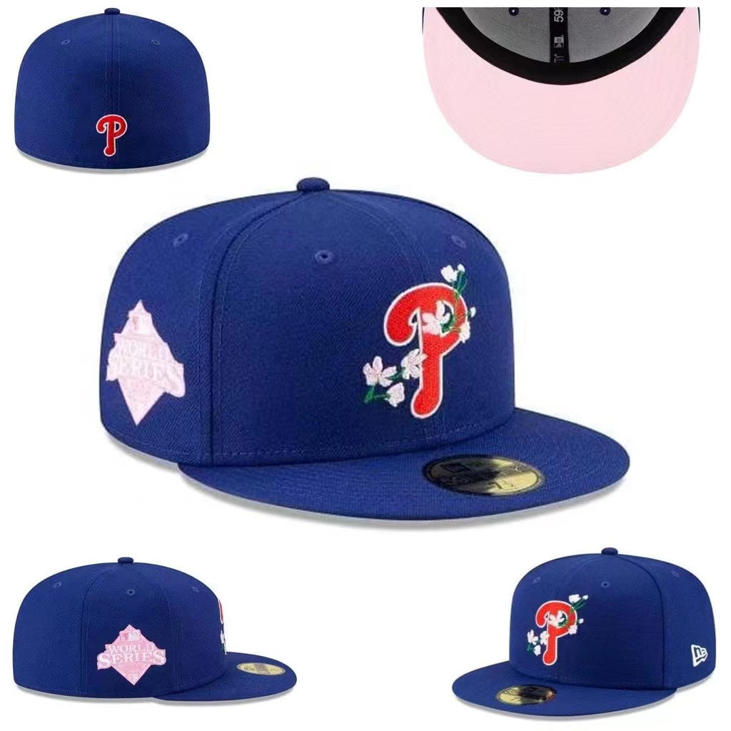 Philadelphia Phillies Fitted MLB Hat with Floral Accent and Pink Underbrim - Royal Blue