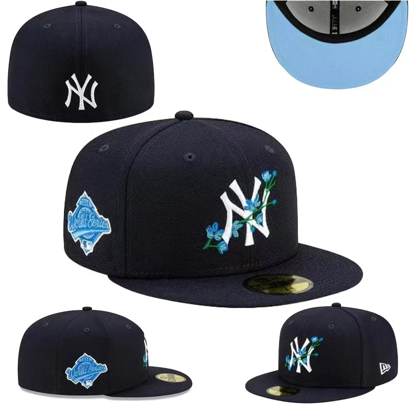 New York Yankees 59FIFTY Hat with Floral Embroidery and World Series Patch - Navy Blue