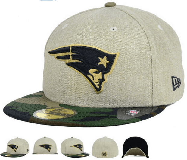 New England Patriots Fitted Hat with Gold Logo and Camouflage Brim - Khaki and Camo