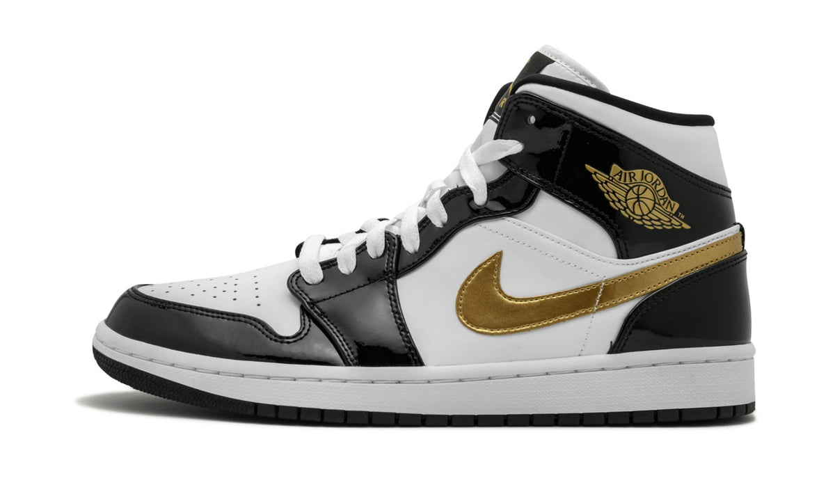 Air Jordan 1 Mid SE Black Gold Patent Leather Sneakers