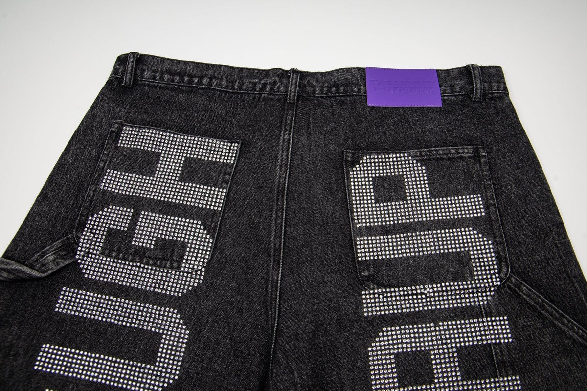 THAT'S A AWFUL LOT OF COUGH SYRUP Rhinestone Washed Denim Shorts — detail