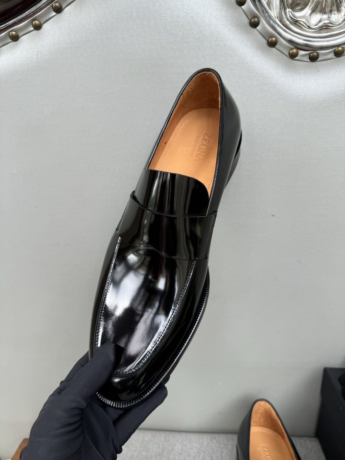 Zegna Glossy Black Leather Loafers — front
