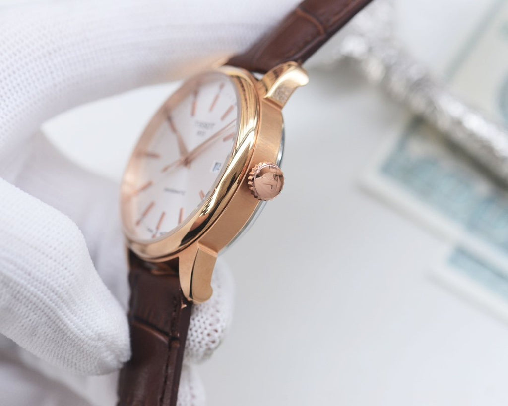 Tissot Rose Gold Brown White Dial Strap Watch — side