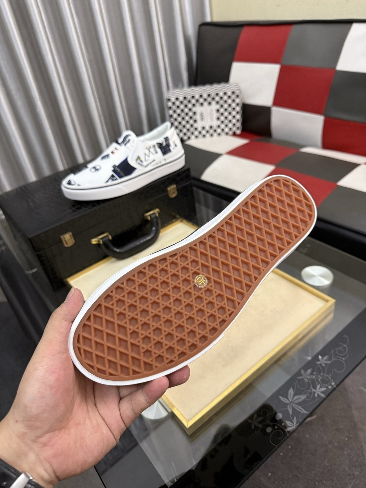 White Graphic Print Slip-On Shoes — detail