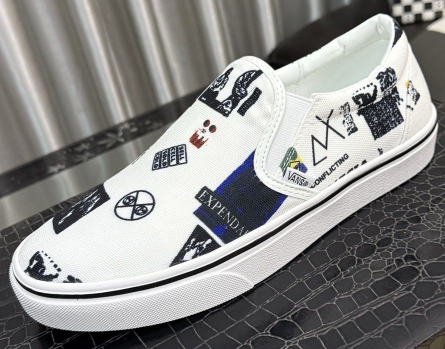 White Graphic Print Slip-On Shoes — hero