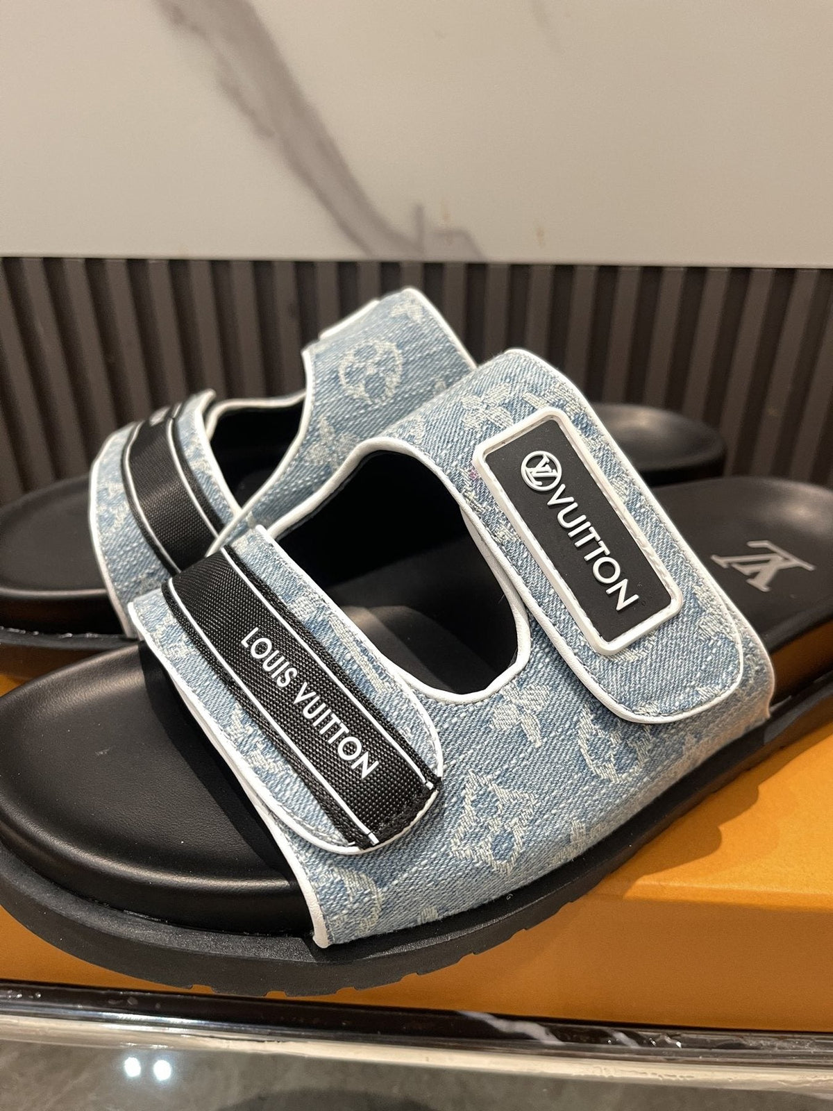Louis Vuitton Light Blue-Gray Double-Strap Slide Sandals — front