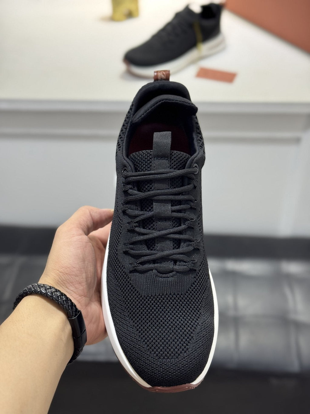 Loro Piana Black Knit Low-Top Sneakers — front