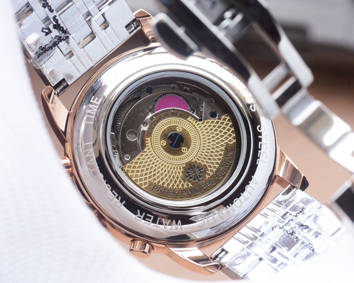 Patek Philippe Rose Gold Silver White Dial Bracelet Watch — back