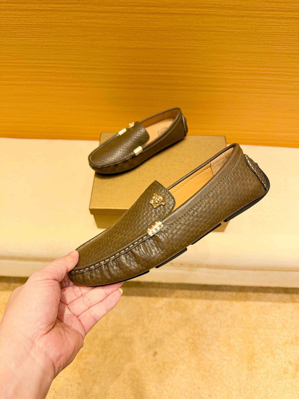 Versace Brown Textured Loafers — front