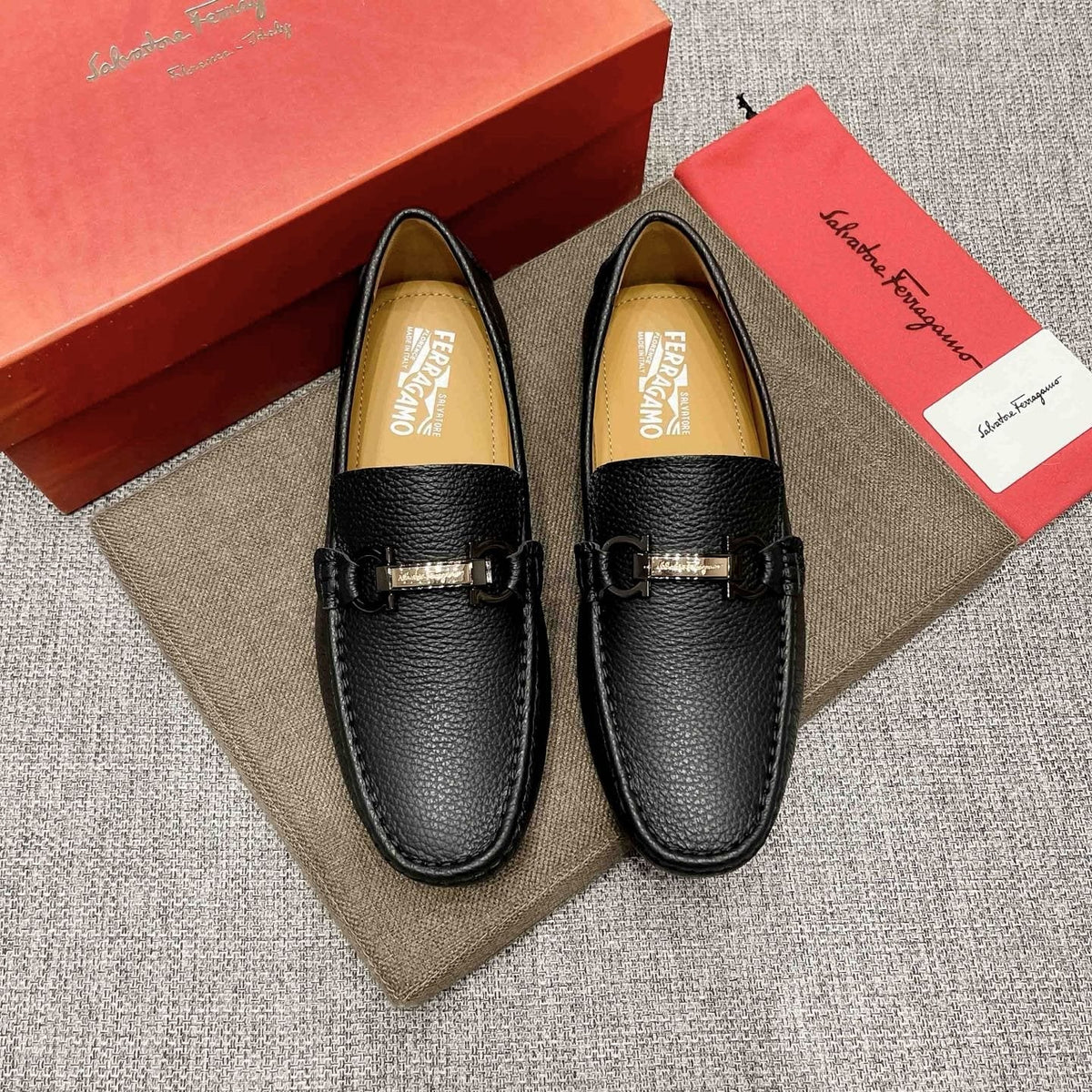 Salvatore Ferragamo Black Textured Driving Loafers — hero