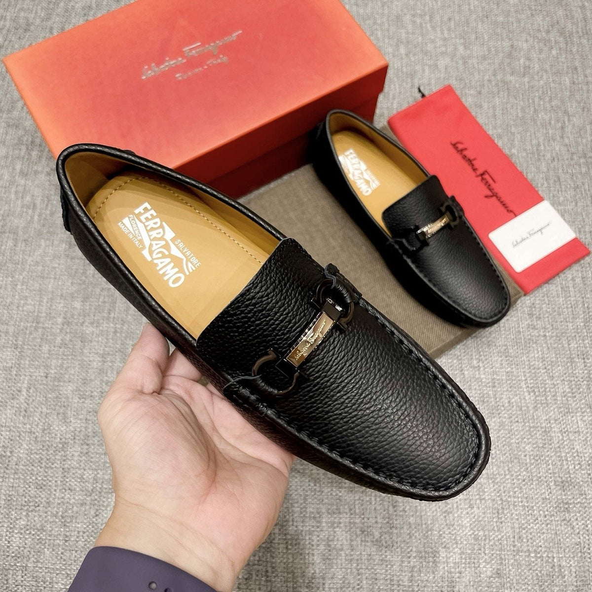 Salvatore Ferragamo Black Textured Driving Loafers — model
