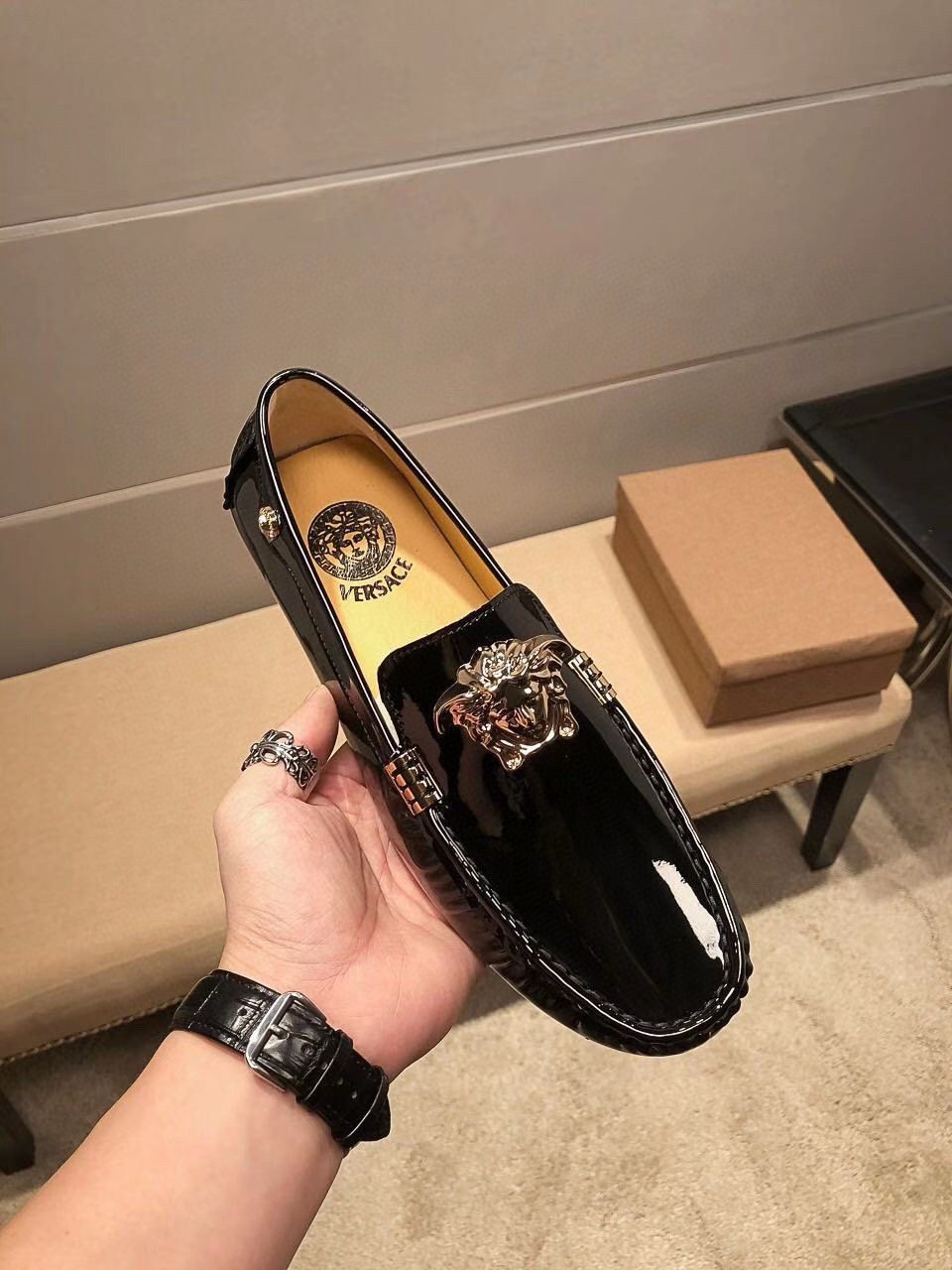 Versace Black Patent Leather Medusa-Style Loafers — front