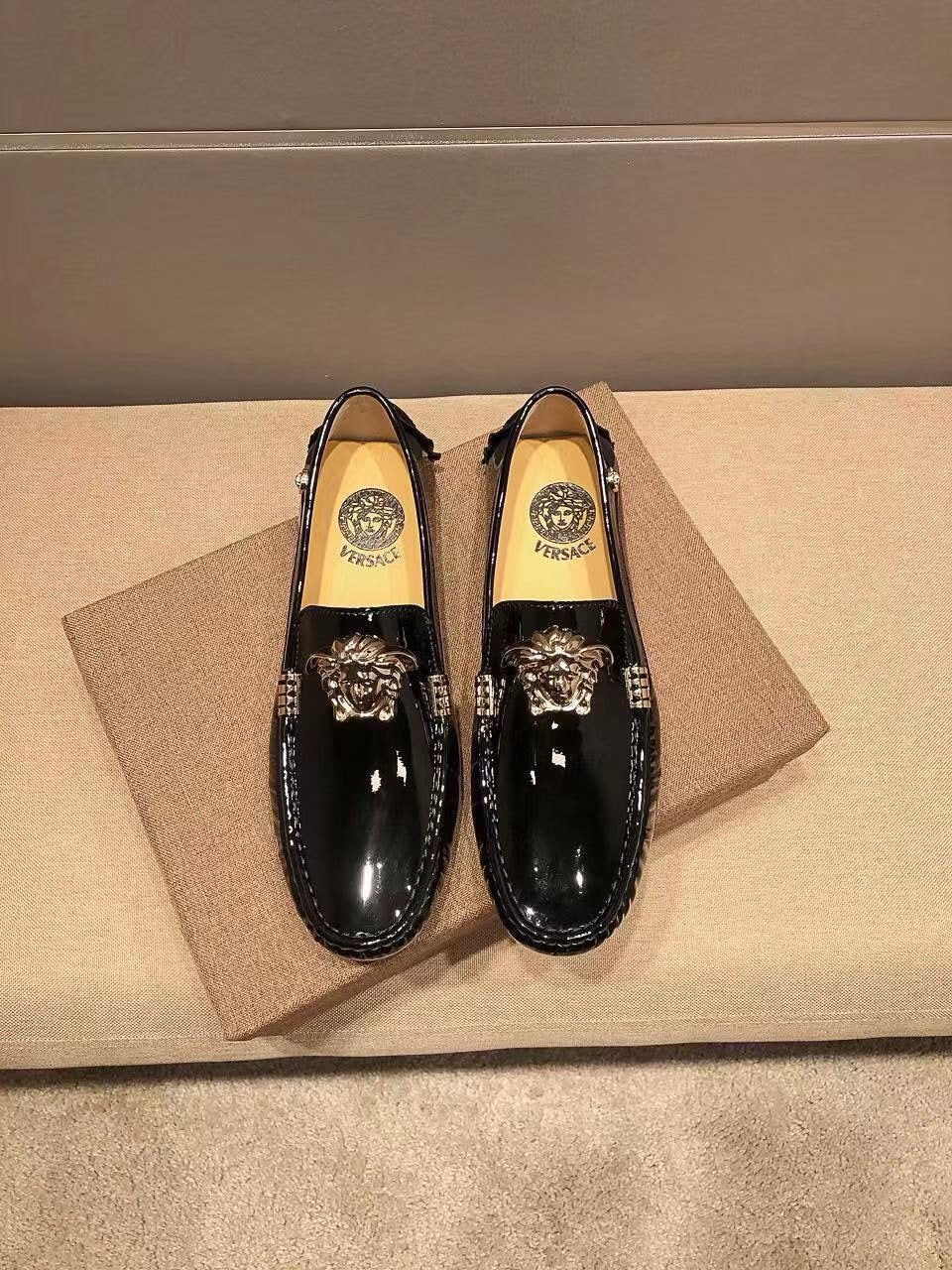 Versace Black Patent Leather Medusa-Style Loafers — hero