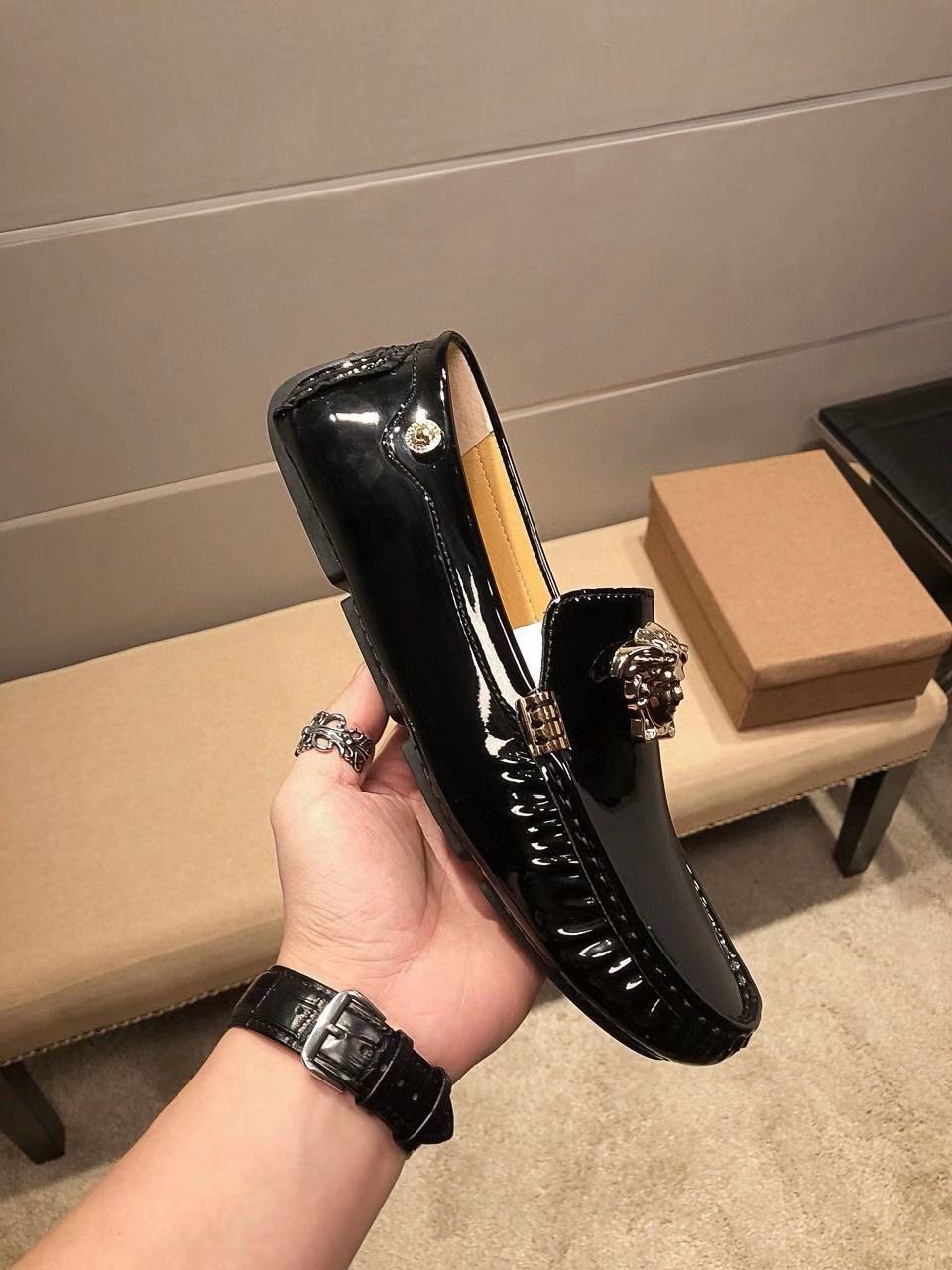 Versace Black Patent Leather Medusa-Style Loafers — side