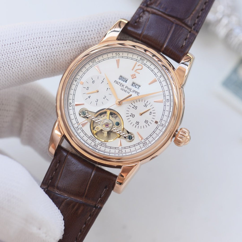 Patek Philippe Rose Gold Brown White Dial Strap Watch — front