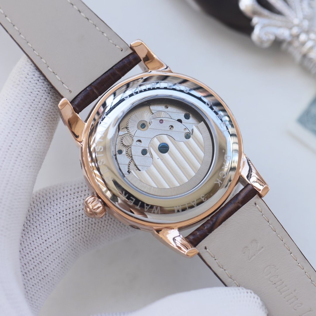 Patek Philippe Rose Gold Brown Black Dial Strap Watch — back